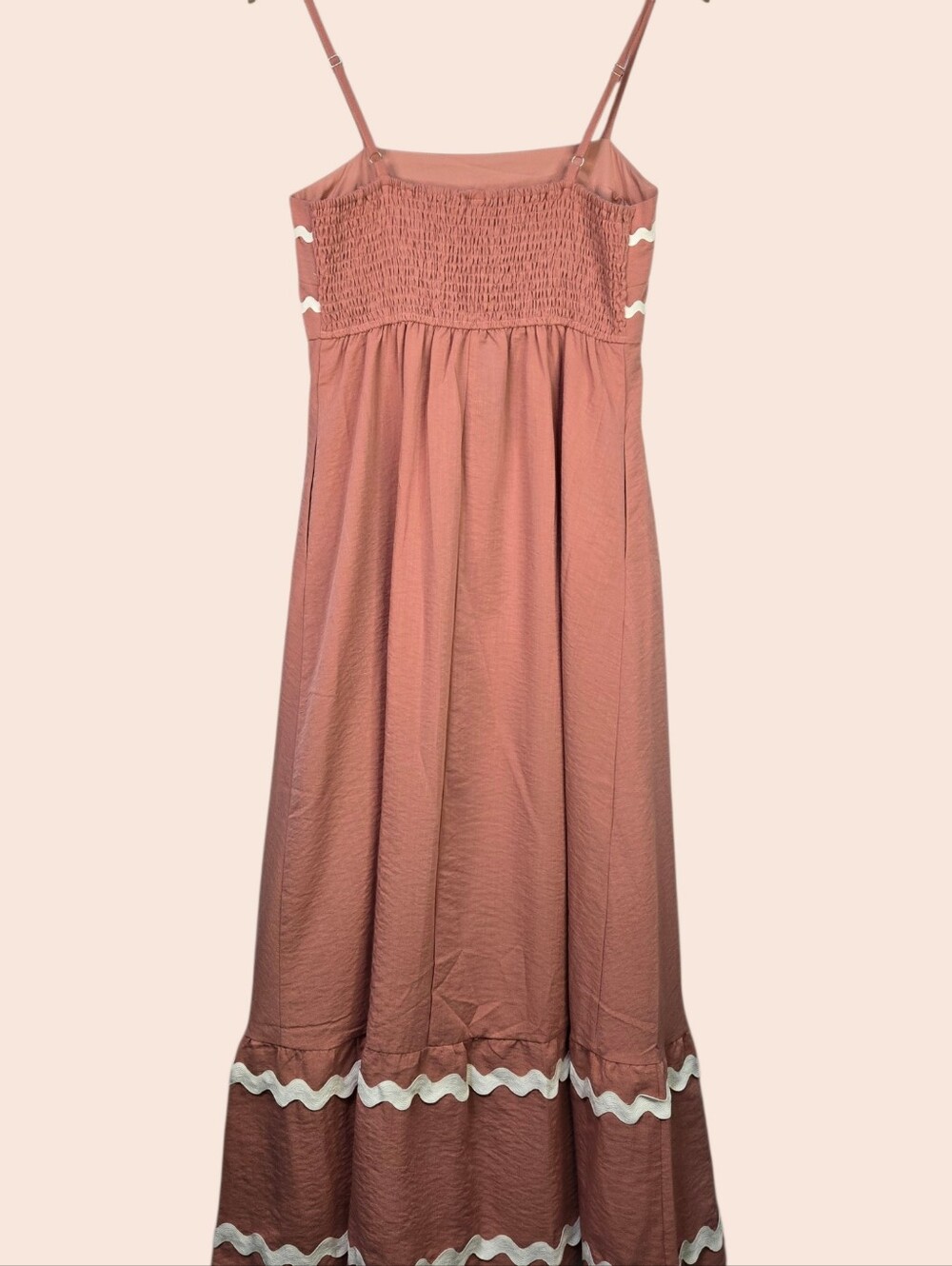 PRETTY GATDEN Size S Cottagecore Rustic Coral Maxi Dress, White Ric Rac Trim NWT - Picture 2 of 11